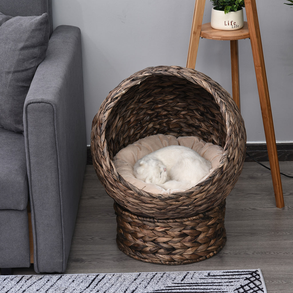 Handwoven Elevated Bed with Rotating Basket and Soft Cushion, Wicker  Egg Chair with Stand, Brown