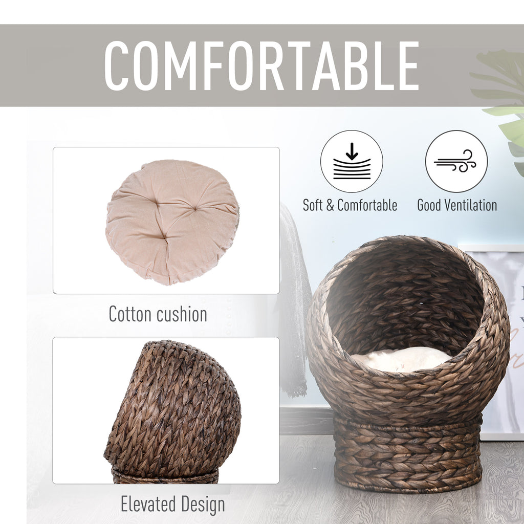 Handwoven Elevated Bed with Rotating Basket and Soft Cushion, Wicker  Egg Chair with Stand, Brown