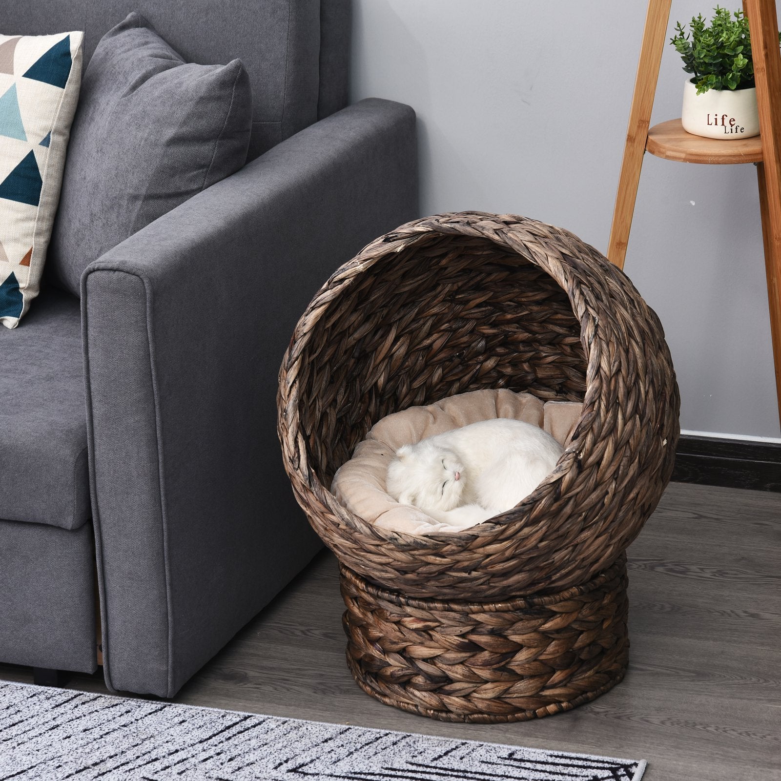 Handwoven Elevated Bed with Rotating Basket and Soft Cushion, Wicker  Egg Chair with Stand, Brown