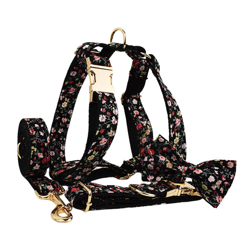 Velvet floral dog collar and harness