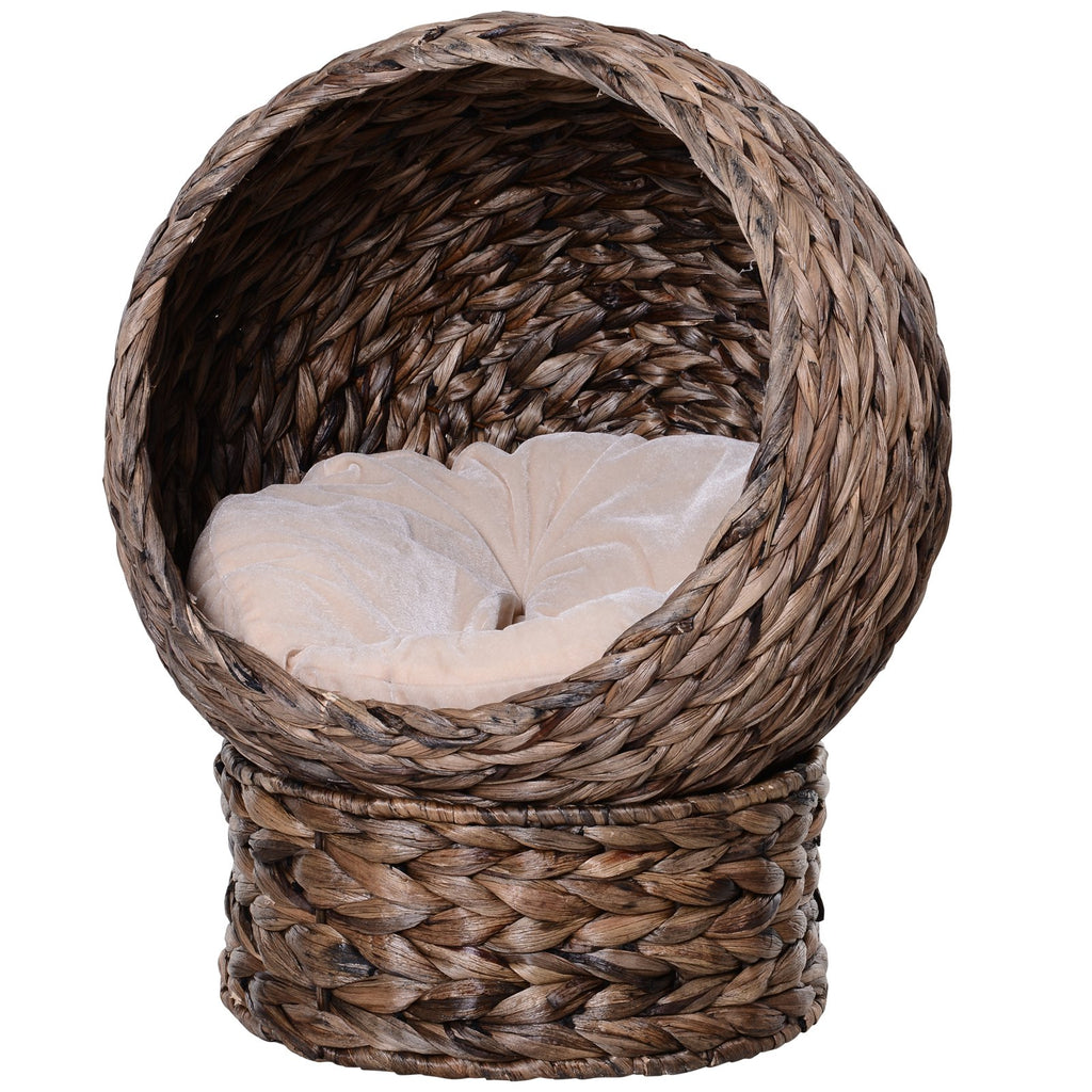 Handwoven Elevated Bed with Rotating Basket and Soft Cushion, Wicker  Egg Chair with Stand, Brown