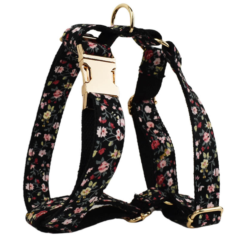 Velvet floral dog collar and harness